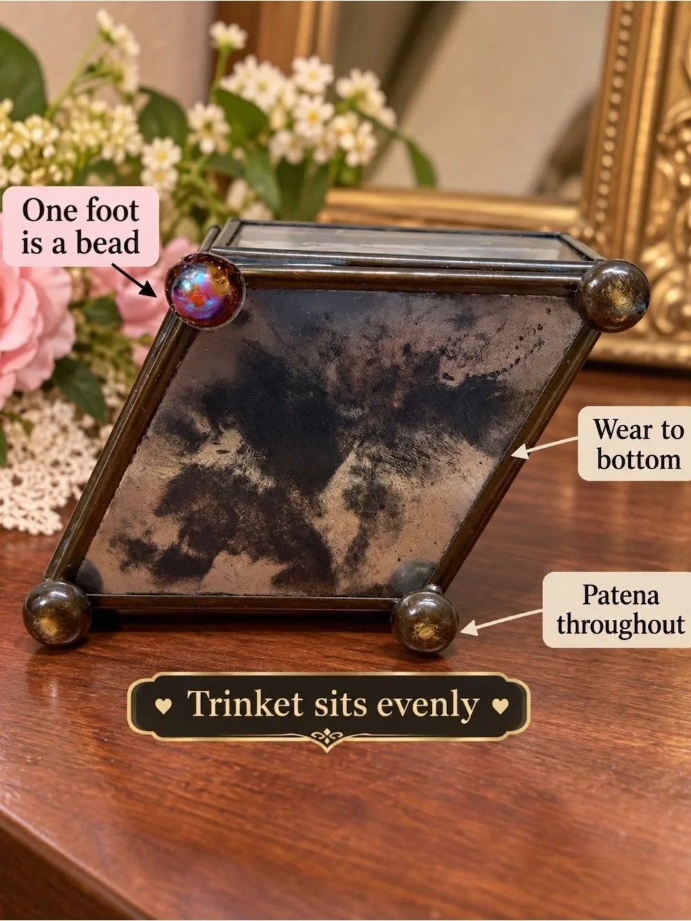 Vintage Diamond Coffin Style Glass Trinket Box Brass Footed Mirrored Floral